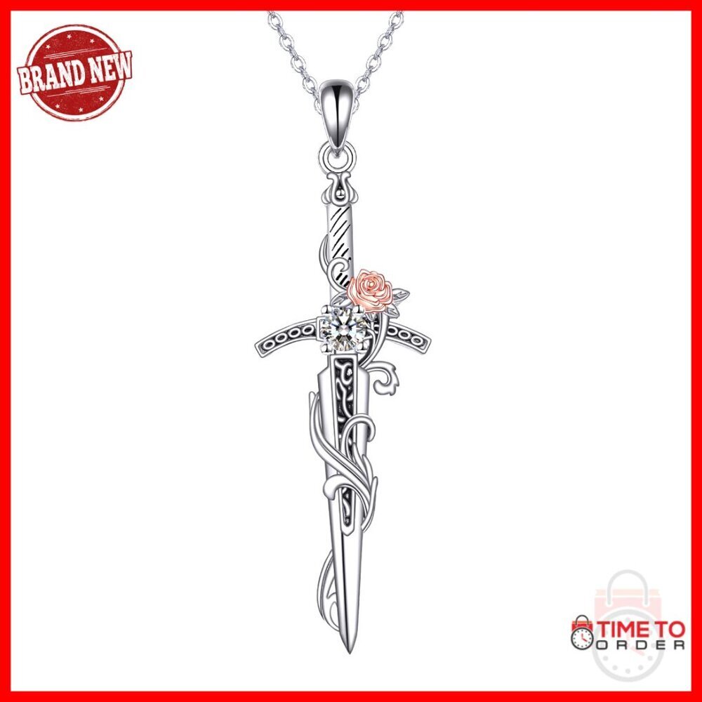 925 Sterling Silver Sword Pendant Necklace Medieval Rose Design 18+2 Inch Chain